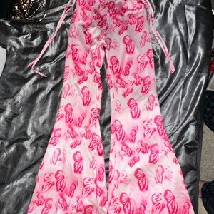 Pink Butterfly Print Flare Pants